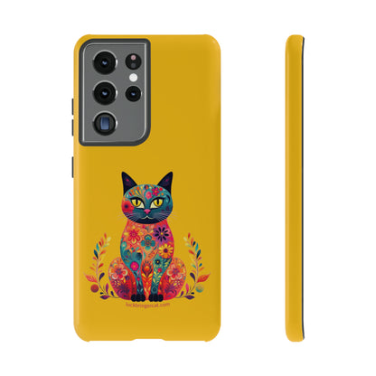 Phone Case for Cat Lovers- iPhone, Samsung Galaxy, Google Pixel- Colorful Floral Cat-Yellow-Graphic