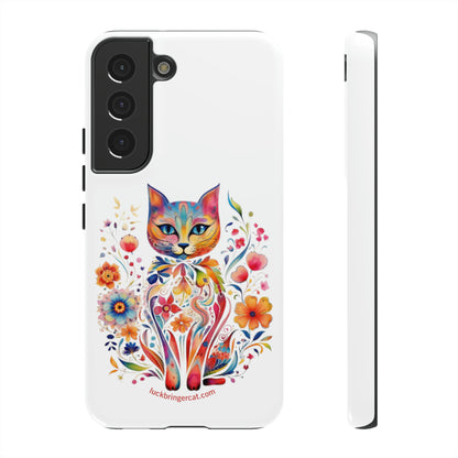 Phone Case for Cat and Flower Lovers- iPhone, Samsung Galaxy, Google Pixel- Colorful Floral Cat-White