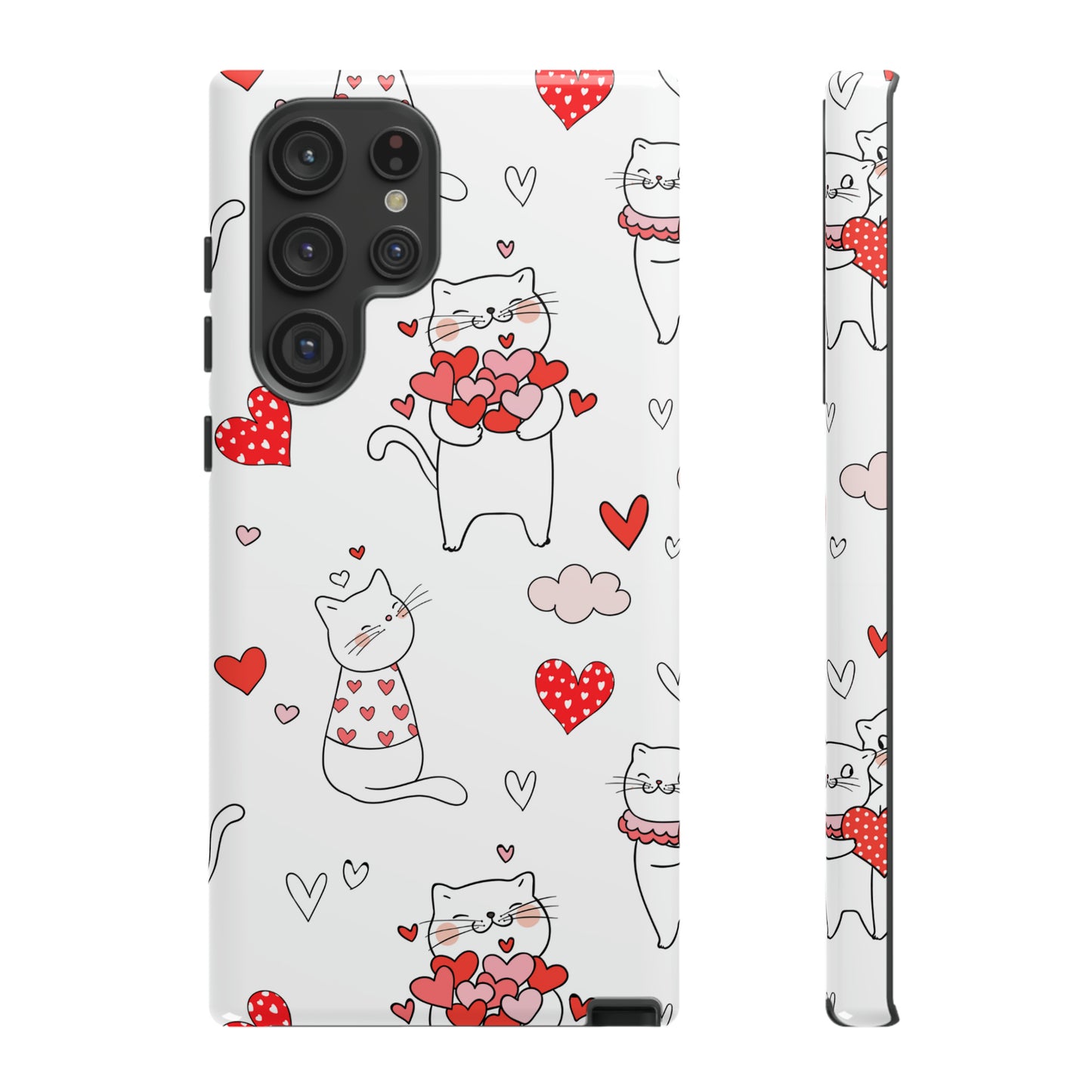 Premium-quality tough protective phone cases for iPhone, Samsung and Google - White With Cute Cartoon Cats and Red Hearts