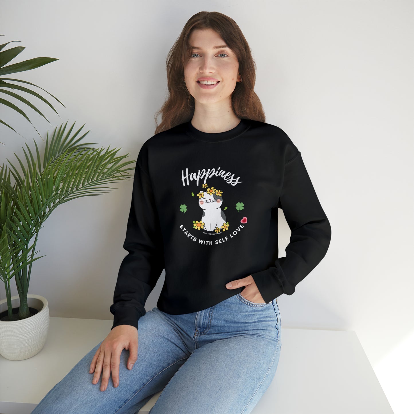 Selflove Sweatshirt With Happy Cute Cat- Happiness Starts With Self Love Shirt