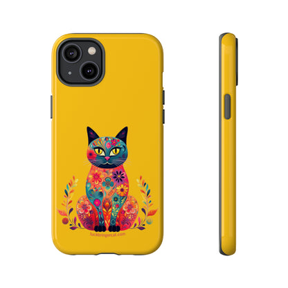 Phone Case for Cat Lovers- iPhone, Samsung Galaxy, Google Pixel- Colorful Floral Cat-Yellow-Graphic