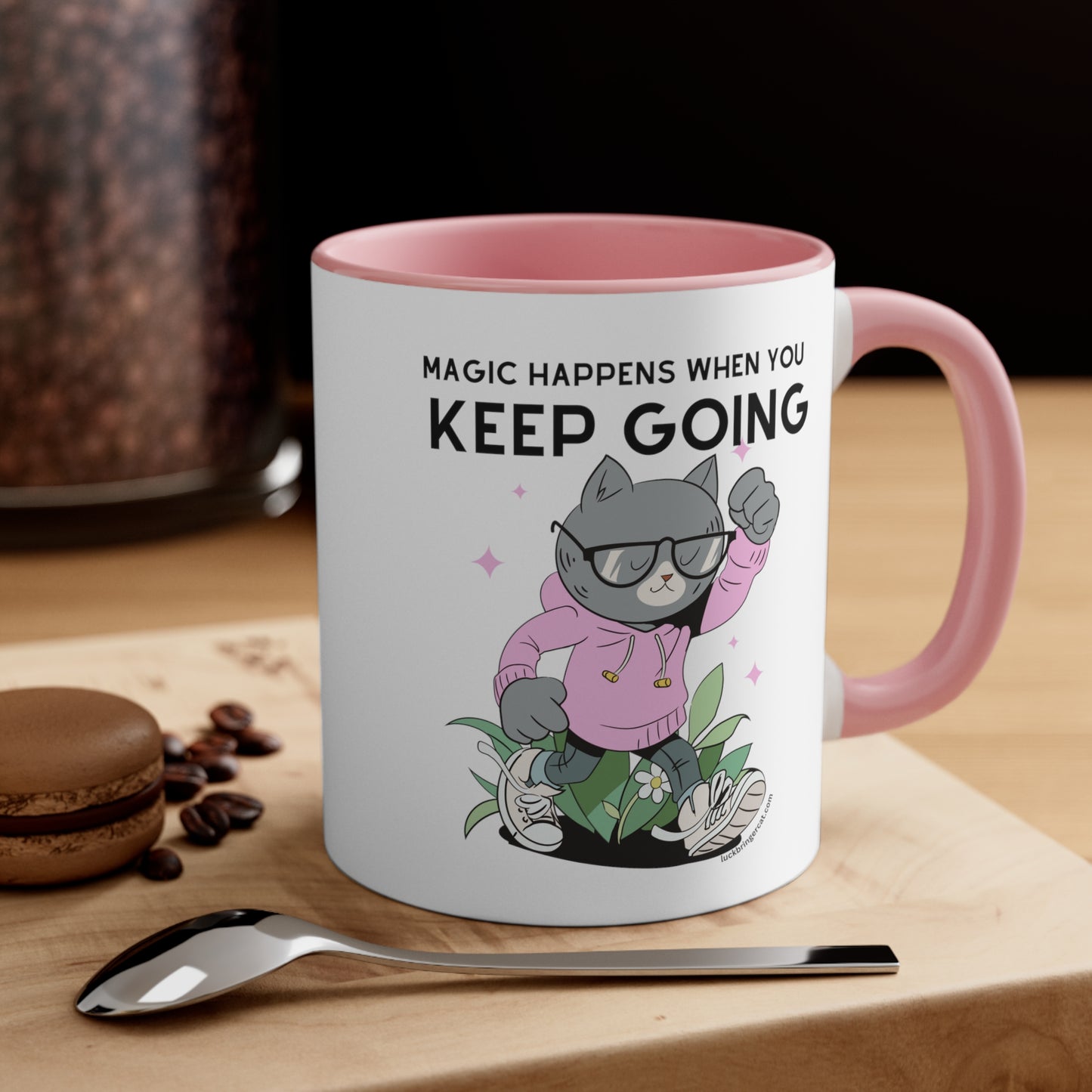 Inspirational Coffee Mug for Cat Lovers - Magic Happens When you Keep Going