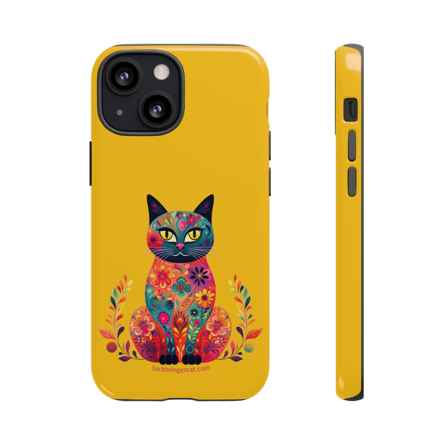 Phone Case for Cat Lovers- iPhone, Samsung Galaxy, Google Pixel- Colorful Floral Cat-Yellow-Graphic