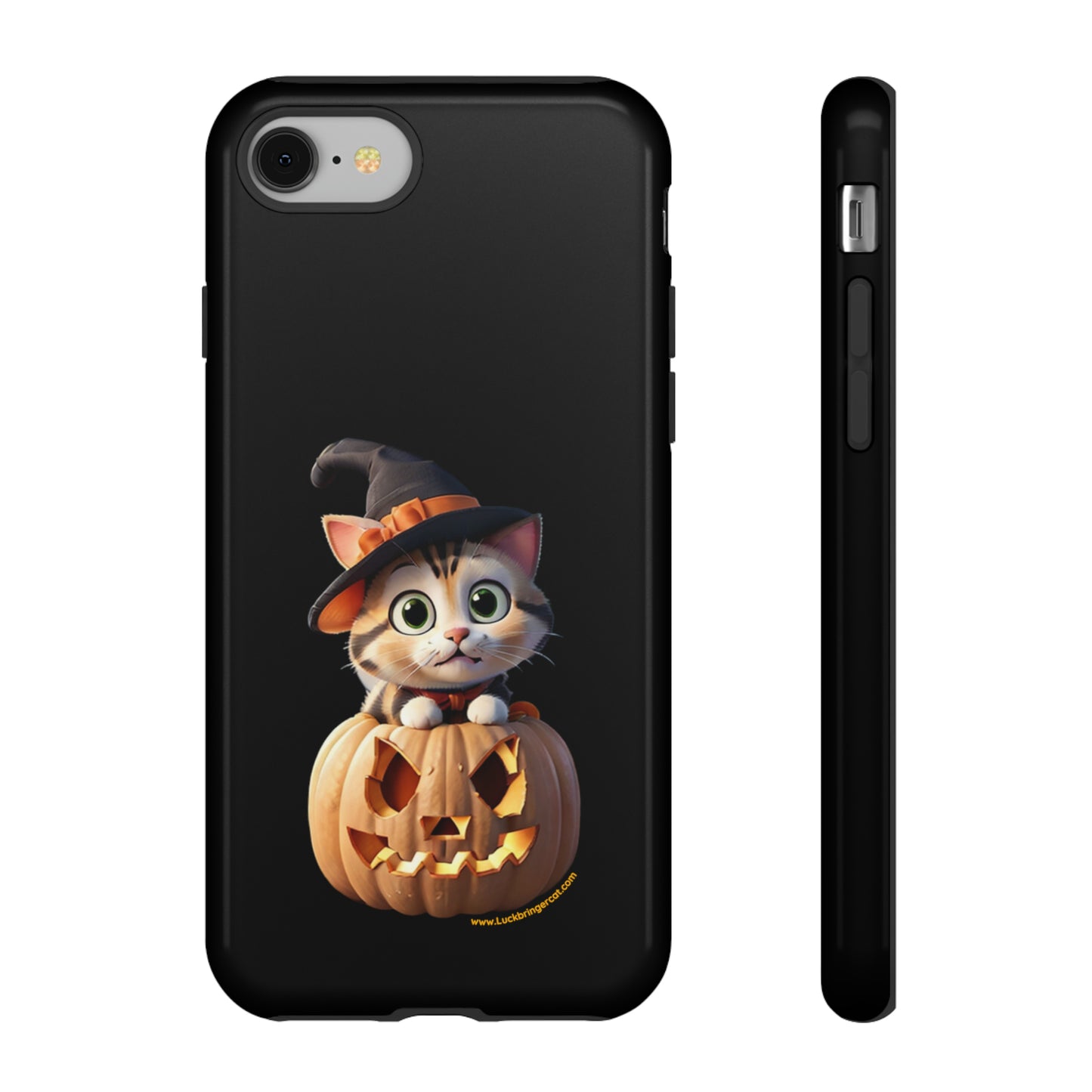 Premium-quality tough protective phone cases for iPhone and Samsung - Halloween Pumpkin Cat - Black