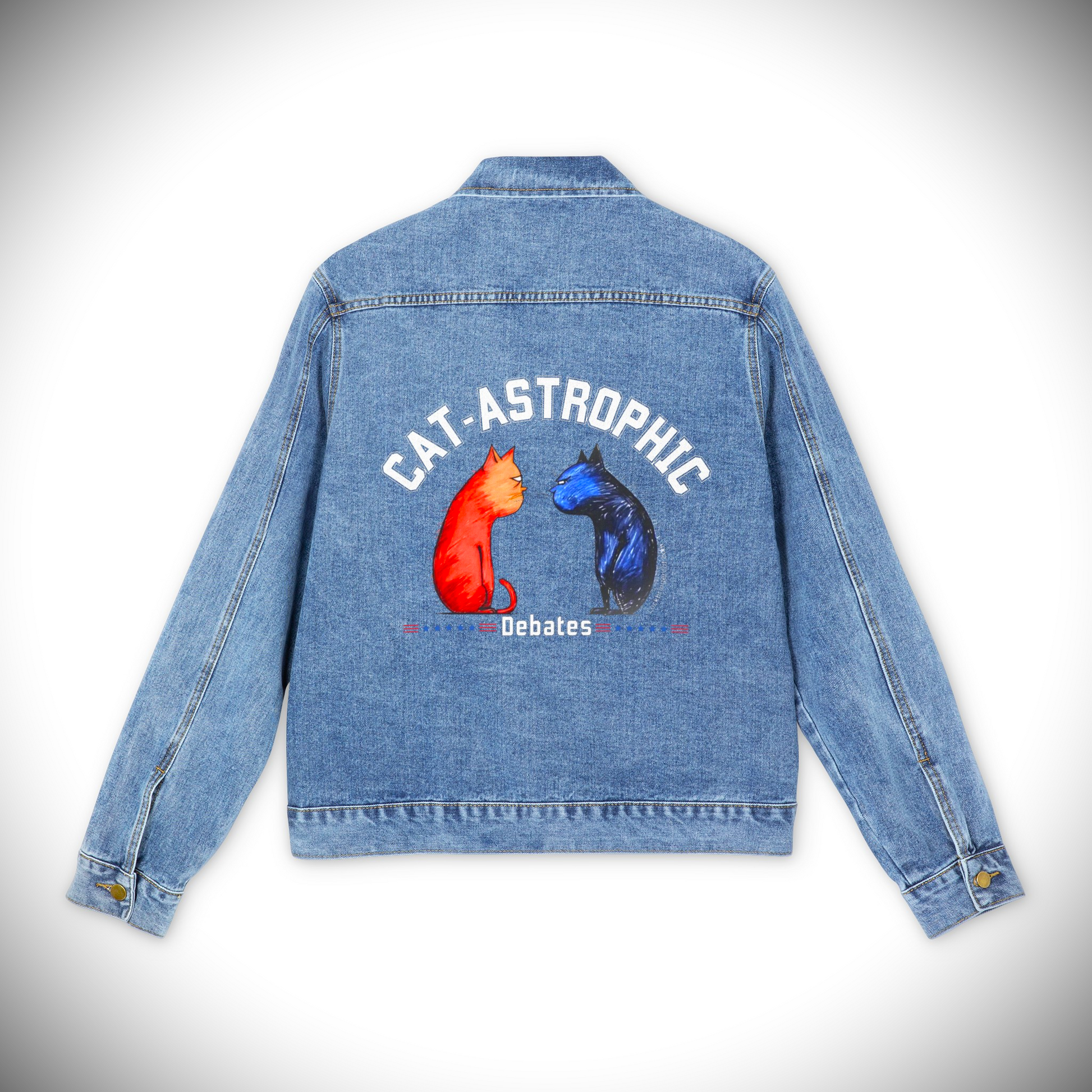 Funny Denim Jacket-Get ready to inject some humor into the 2024 US election season with our "Catastrophic Debates" denim jacket! 😉💙💖 This jacket is also a perfect gift for cat lovers, cat moms, and cat dads who enjoy the fun and chaos of debates between cats. Get yours while stocks last! 🎁🐈🐾