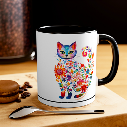 Colorful Floral Cat Lovers Ceramic Coffee Mug - Cat Mom Cat Dad Kitten Lover Unique Gift-black inside