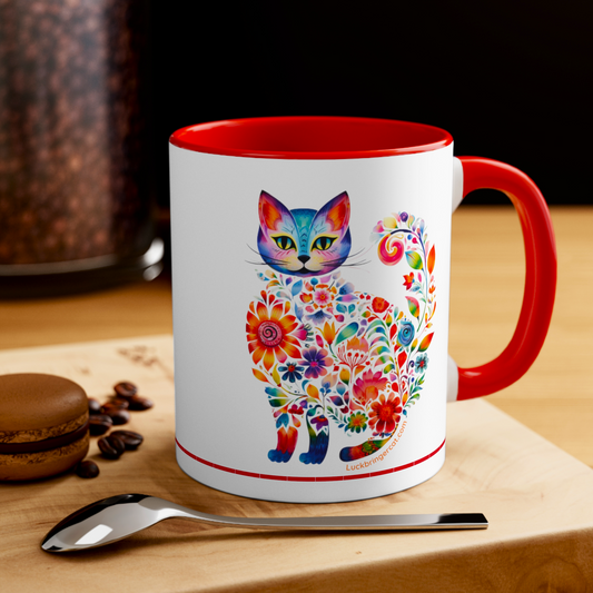 Colorful Floral Cat Lovers Ceramic Coffee Mug - Cat Mom Cat Dad  Kitten Lover Unique Gift - red inside