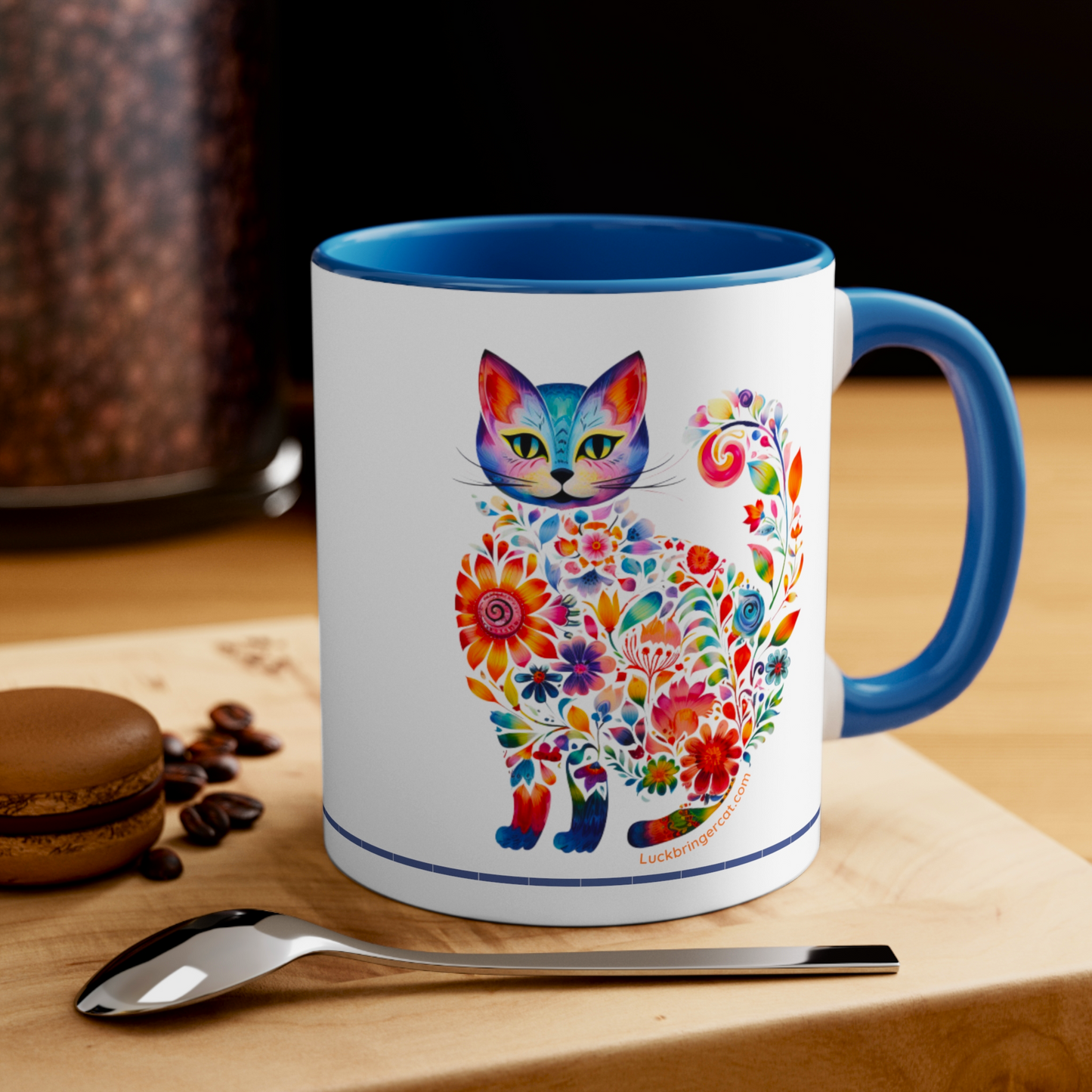 Colorful Floral Cat Lovers Ceramic Coffee Mug - Cat Mom Cat Dad Kitten Lover Unique Gift- blue inside