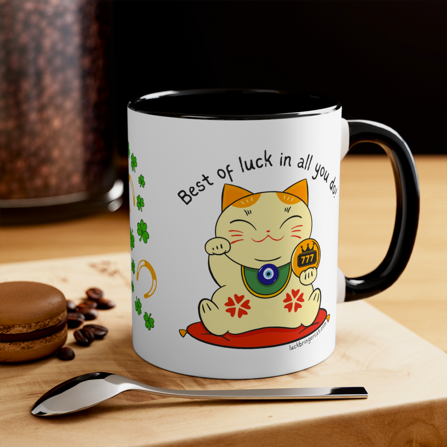 Good Luck Symbols Ceramic Coffee Mug - Best of Luck Wishes by Lucky Cat