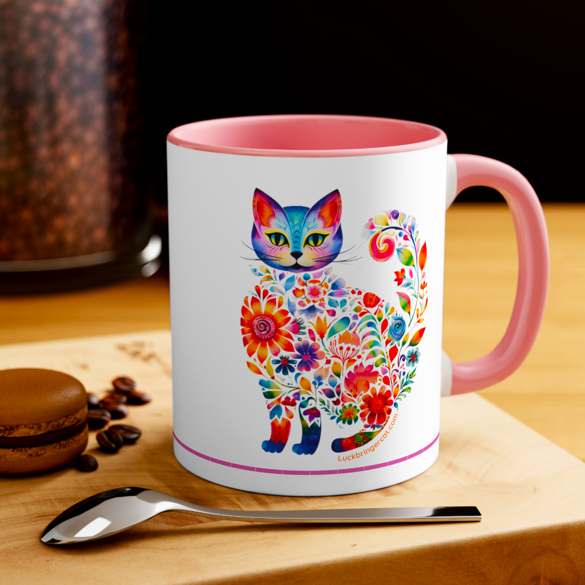 Colorful Floral Cat Lovers Ceramic Coffee Mug - Cat Mom Cat Dad Kitten Lover Unique Gift-pink inside