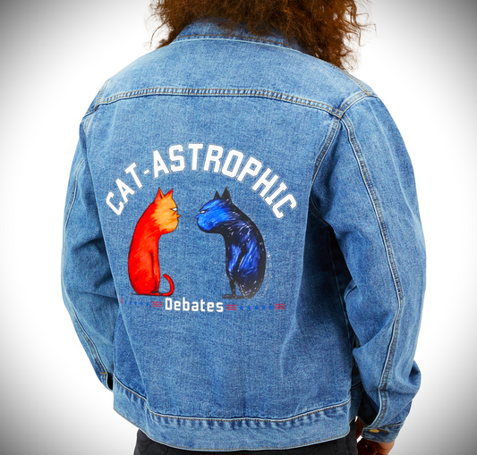 Cute Denim Jacket-Get ready to inject some humor into the 2024 US election season with our "Catastrophic Debates" denim jacket! 😉💙💖 This jacket is also a perfect gift for cat lovers, cat moms, and cat dads who enjoy the fun and chaos of debates between cats. Get yours while stocks last! 🎁🐈🐾 