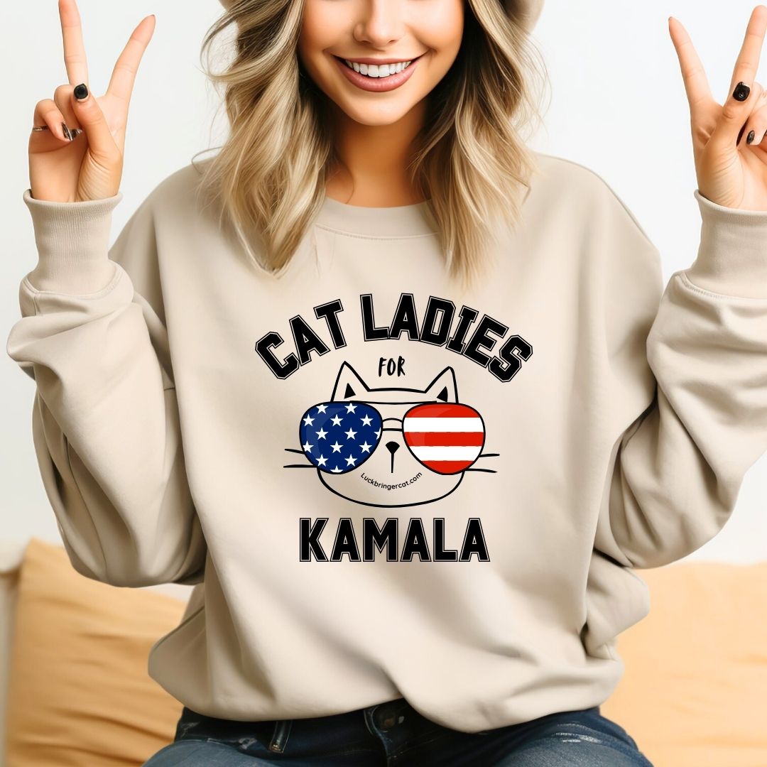 Cat Ladies For Kamala Harris Sweatshirt- 2024 US Presidential Election Shirt-Show off your love for cats and your favorite democratic presidential candidate with these adorable high-quality crewneck sweaters! 😻💖💙🐾