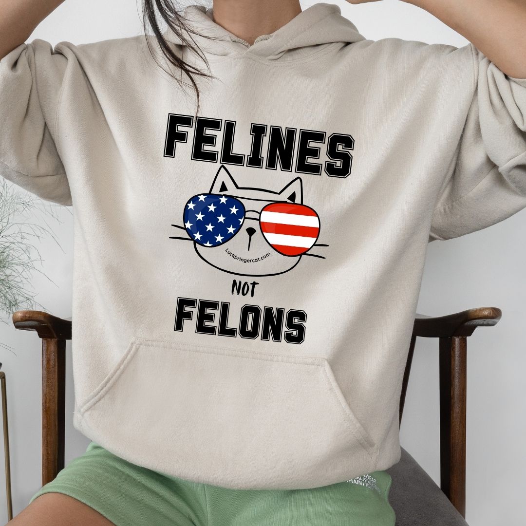 Felines Not Felons Hoodie-Kamala Harris 2024 US Presidential Election Hooded Sweater-Show off your love for cats and your favorite democratic presidential candidate with these adorable high-quality shirts! 😻💖💙🐾Cat Lovers Shirt USA Election