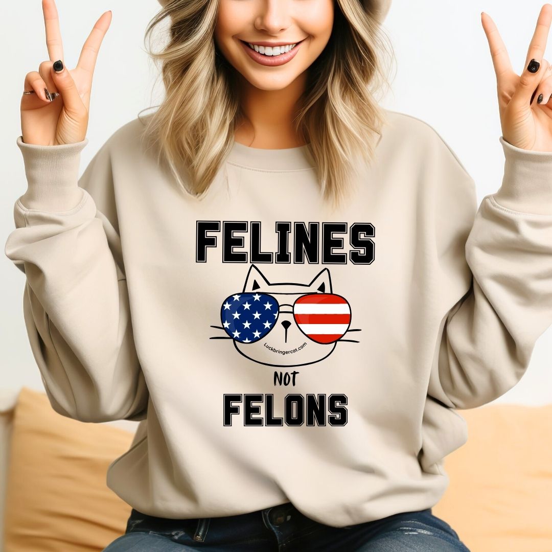 Felines Not Felons Sweatshirt-Kamala Harris 2024 US Presidential Election Shirt-Show off your love for cats and your favorite democratic presidential candidate with these adorable high-quality crewneck sweaters! 😻💖💙🐾Cat Lovers Shirt USA Election