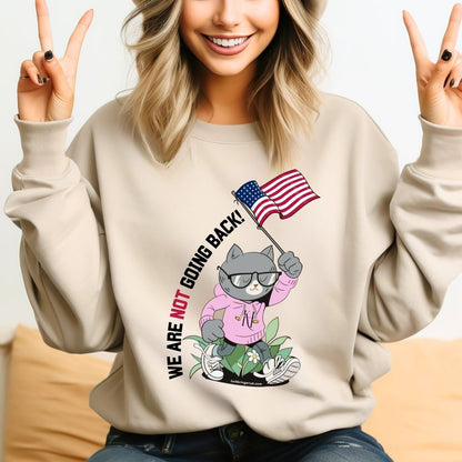 We Are Not Going Back Election Shirt Cat USA Flag Kamala Harris Sweatshirt Tim Walz Sweater 2024- Sand color