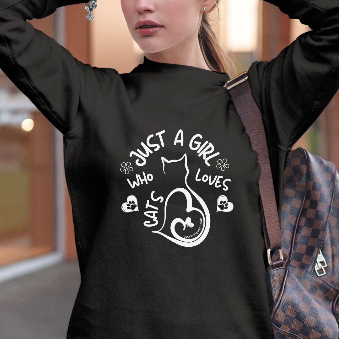 cat lover girl sweater, crewneck sweatshirt with text just a girl who loves cats and an elegant cat drawing