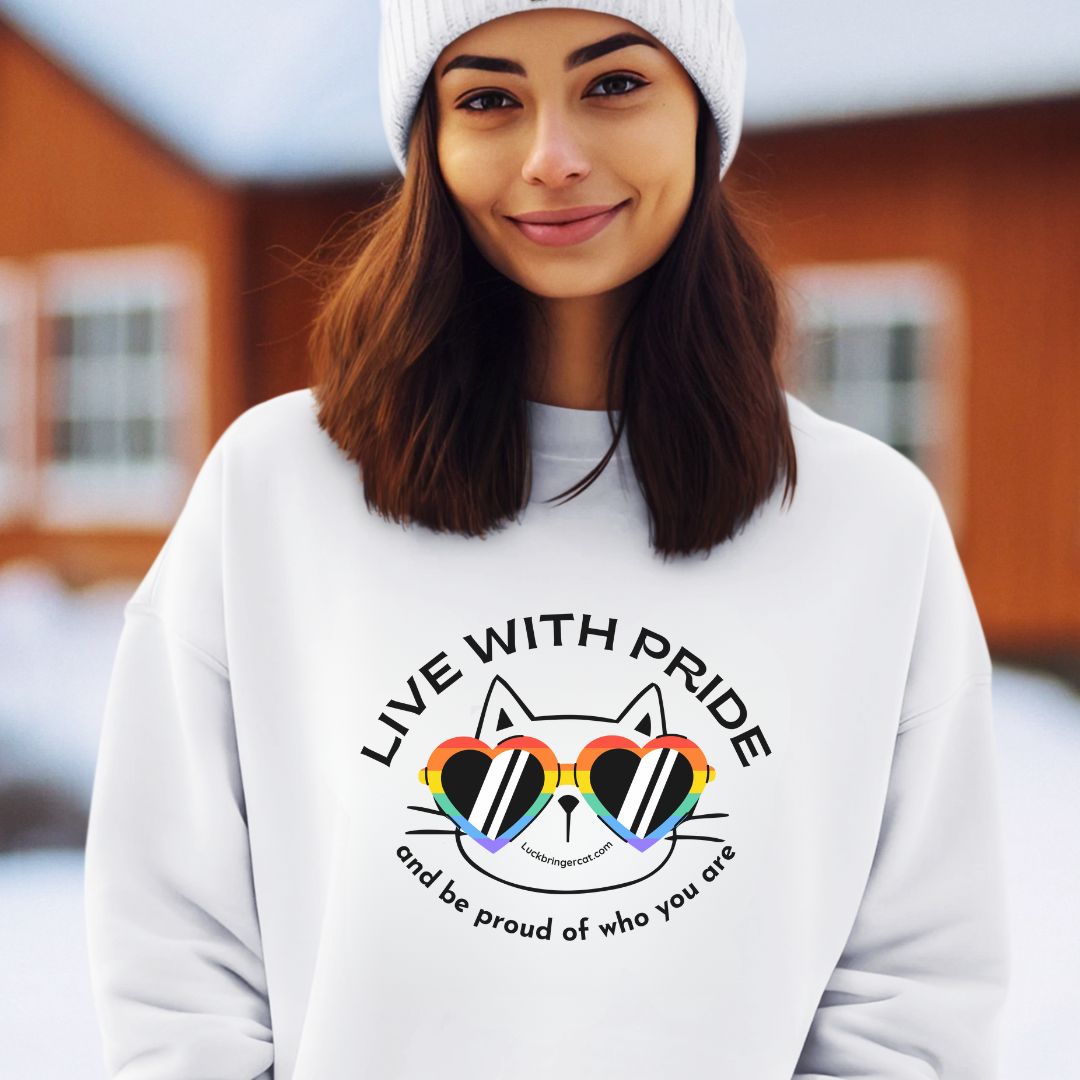 Cat Lovers Funny Pride Sweatshirt -LGBTQ+ Community Support Unisex Shirt - Cat Mom Cat Dad Cat Mum Gift - live with pride and be proud of who you are