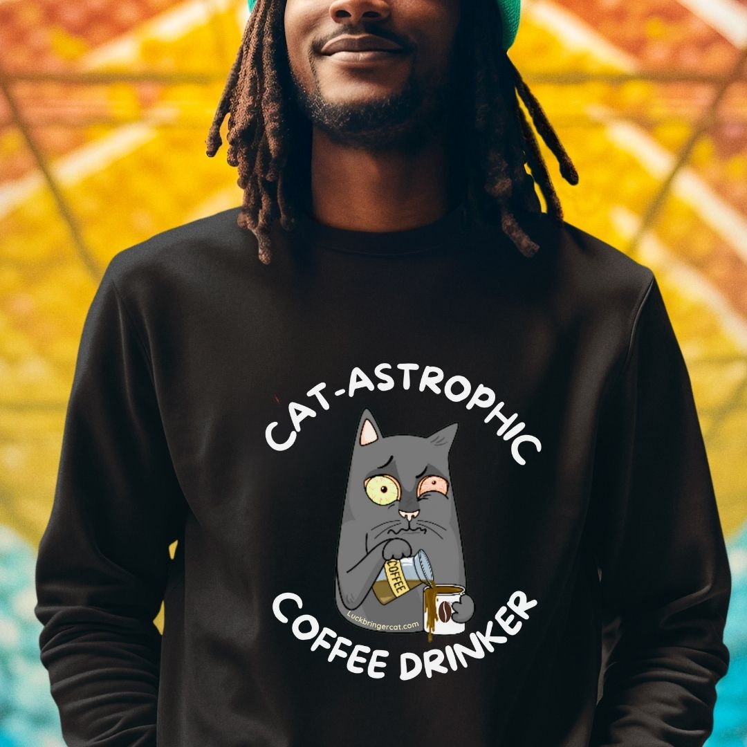 Funny Cat Coffee Lover Sweatshirt- Catastrophic Coffee Drinker Graphic Shirt - Cat Mom Cat Dad Kitten Mum Gift