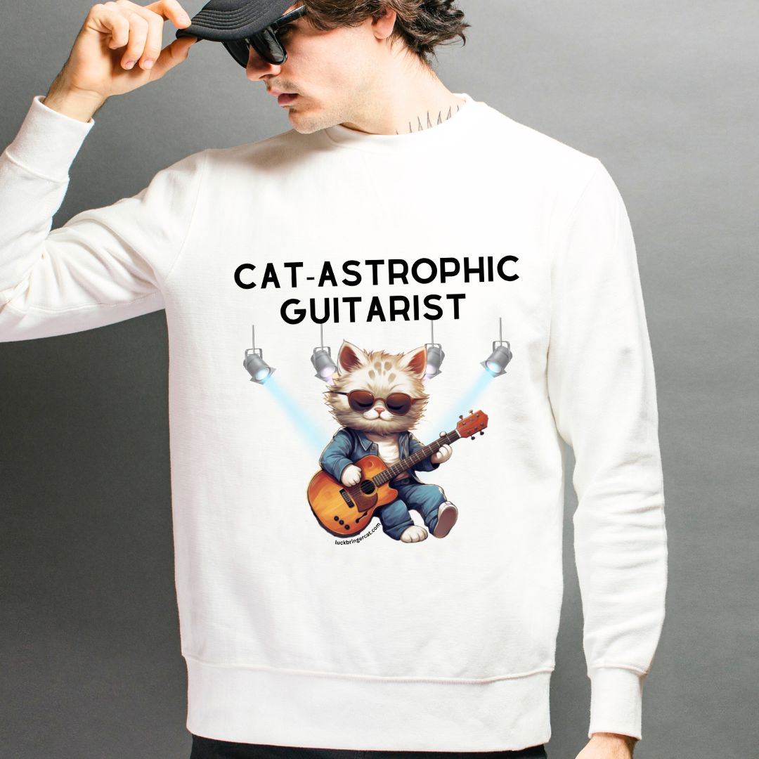 Unisex Crewneck Sweatshirt - Catastrophic Guitarist- Funny Shirt for Cat and Classic Guitar Lovers