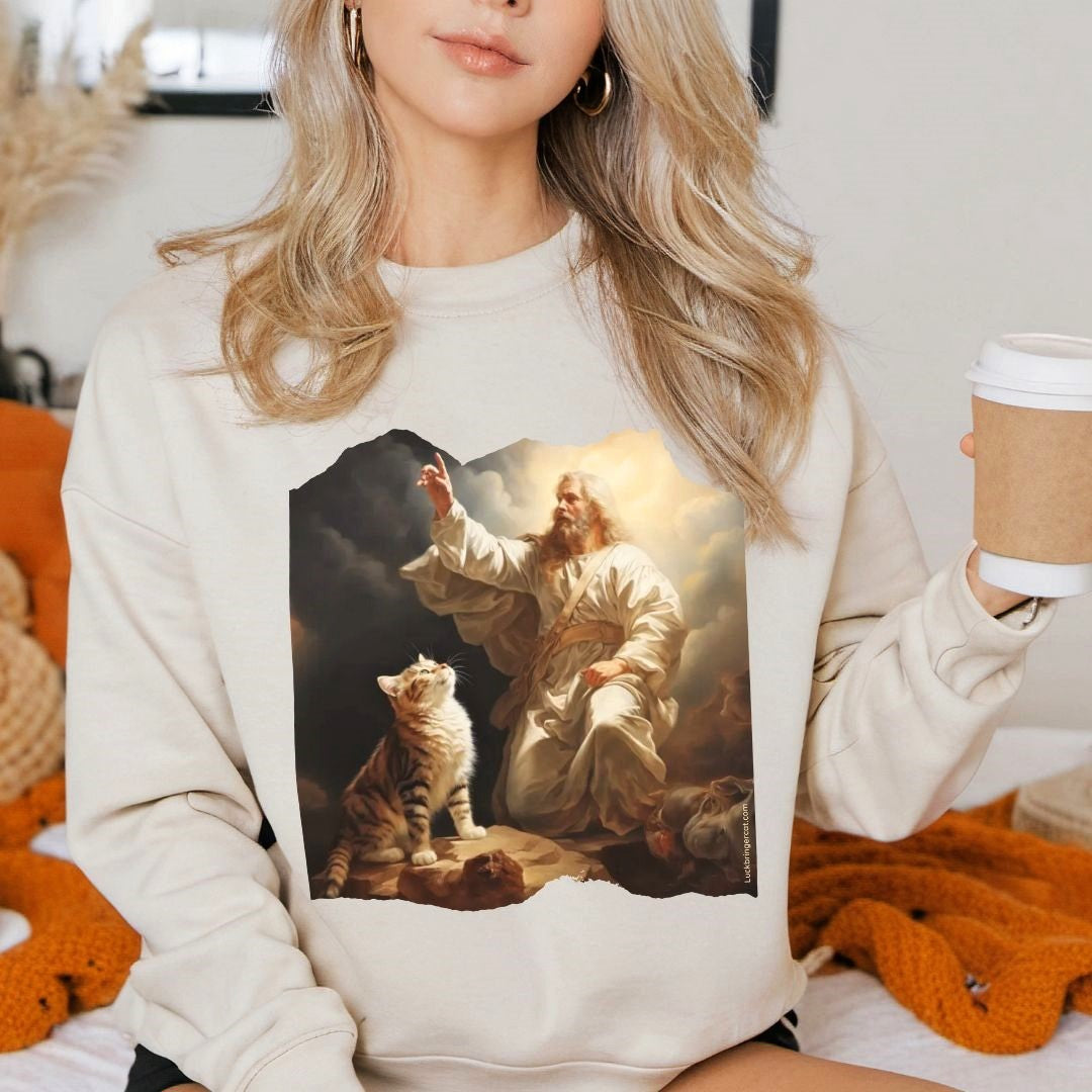 Inspired by Michelangelo's iconic masterpiece, 'The Creation of Adam', this unisex graphic sweater, 'The creation of Cat', is a must-have for art lover cat moms, cat dads and cat lovers! 🎨🐱🐈✨ Your thoughtful gift awaits, order now! 🎁