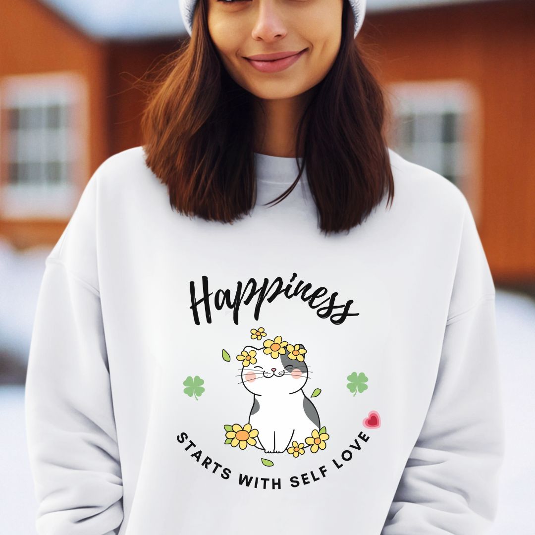 gift for self love- cat lovers valentines gift- cute sweater for her- sweatshirt with happy cute cat and text: happiness starts with selflove