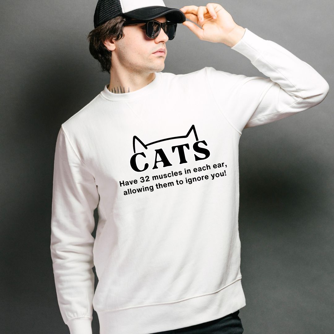 Crewneck Sweatshirt- Funny Sweater For Cat Lovers-With its playful design and witty slogan, this high-quality unisex shirt is perfect for cat enthusiasts who appreciate the art of selective listening. Treat yourself today or bring joy to a fellow cat mom or dad with a thoughtful gift! 🎁😺💕 Text: Cats have 32 muscles in each ear, allowing them to ignore you! 😺