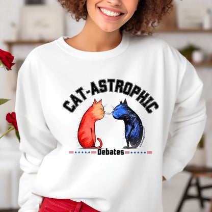 US Election 2024 Shirt-Funny sweatshirt for USA Election for Men and Women- Cat lovers Voting Shirt- Catastrophic Debates Shirt for Him or Her- Funny Teachers Gift for US Election Season - Funny US College Sweater-white