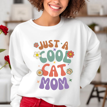 Crewneck Sweatshirt-Just A Cool Cat Mom Shirt-Retro Theme