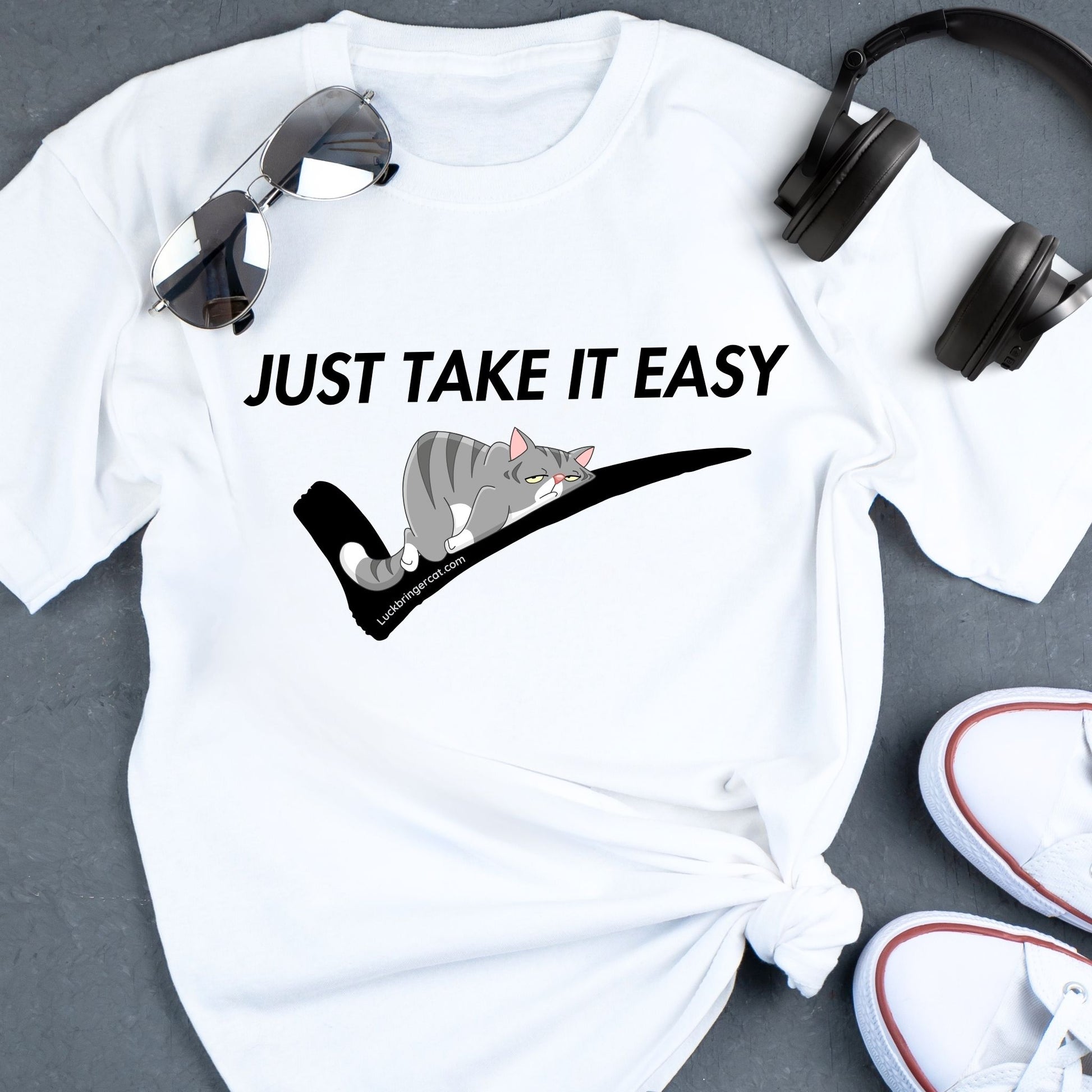 Funny Shirt-Just Take It Easy-Cat Lovers Gift-Gym Tshirt Women Men- Cat Mom Gift-Cat Dad Gift- Funny Gift for Cat Owners- Funny Student Gift  