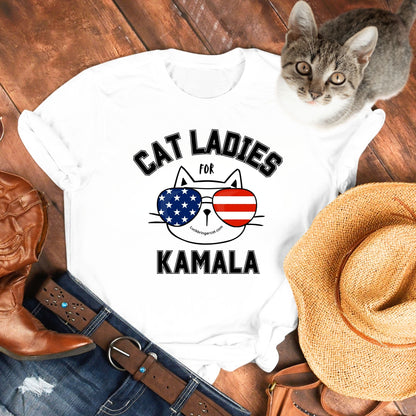 Cat Ladies For Kamala Harris T-Shirt-  2024 US President Election Shirt- Show off your love for cats and your favorite democratic presidential candidate with these adorable election shirts! 😻💖💙🐾