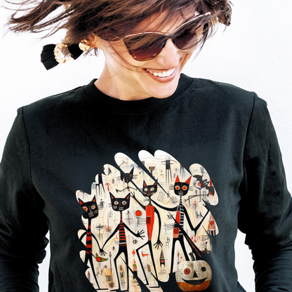 Halloween Sweatshirt With Modern Art Graphic -Dancing Black Cats and Pumpkin - ideal gift for black cat moms or dads