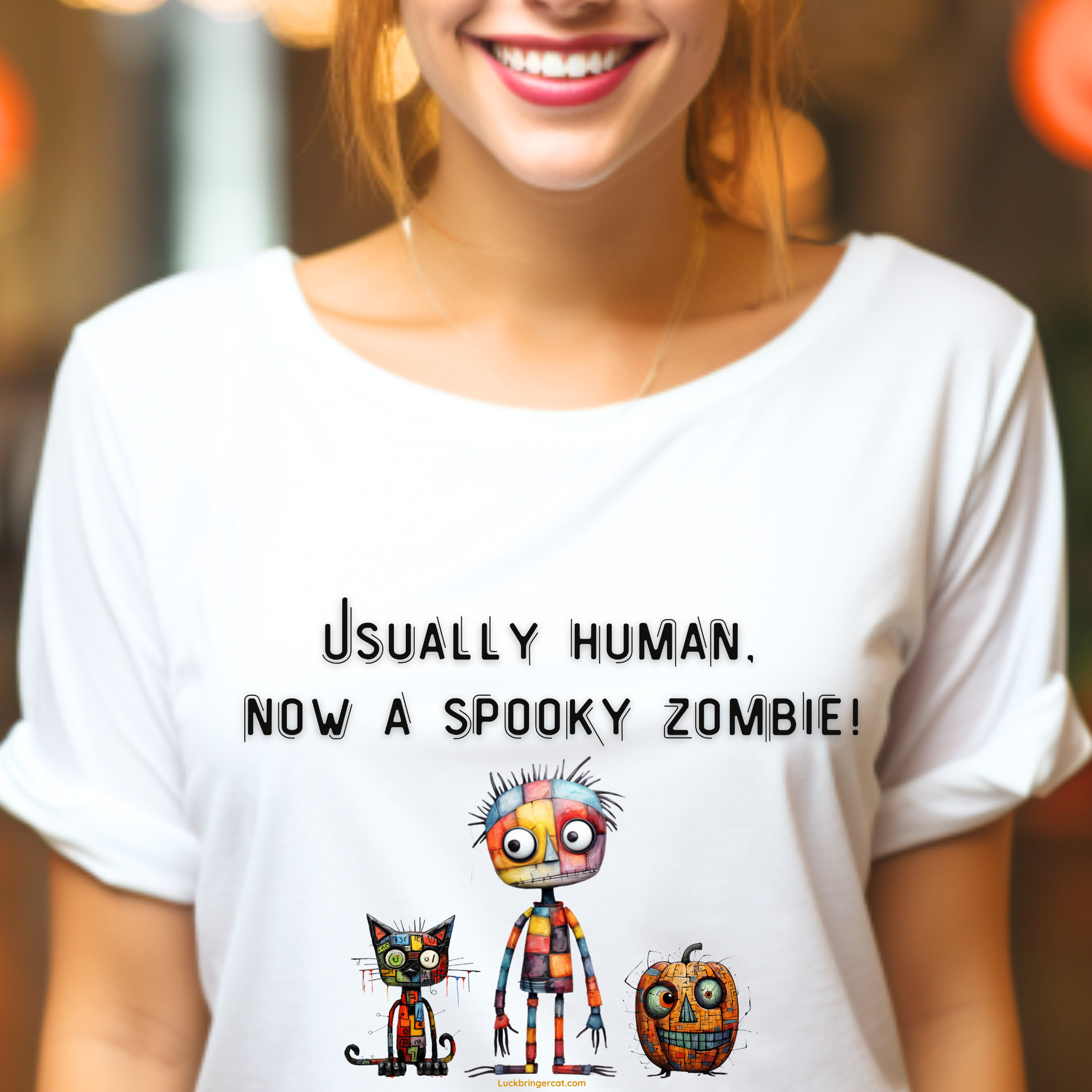 Funny Halloween T-shirt for Cat Lovers - Spooky Zombie Tee- graphic tshirt -white