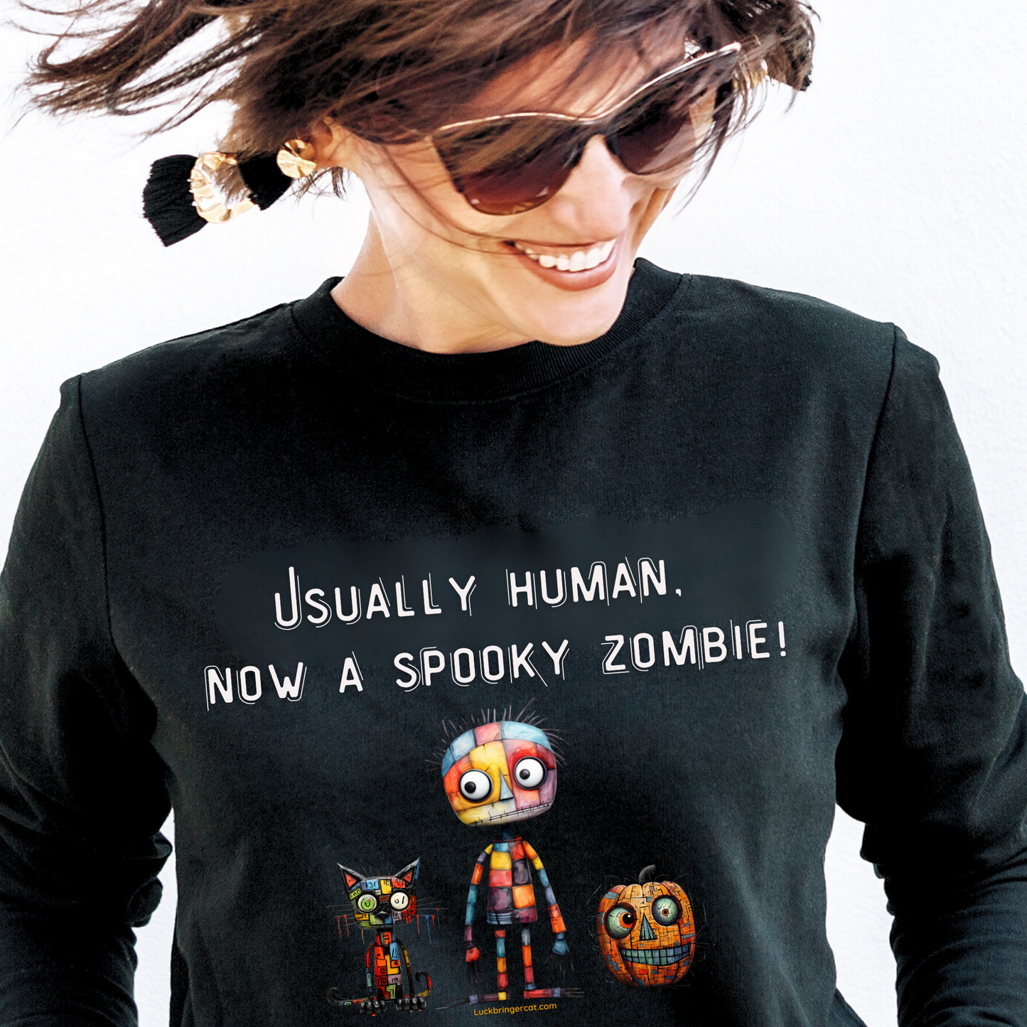 Funny Cat Lovers Graphics Sweatshirt with modern Art- Ideal for Halloween with spooky zombie cat and pumpkin- unisex size - unique design- premium quality