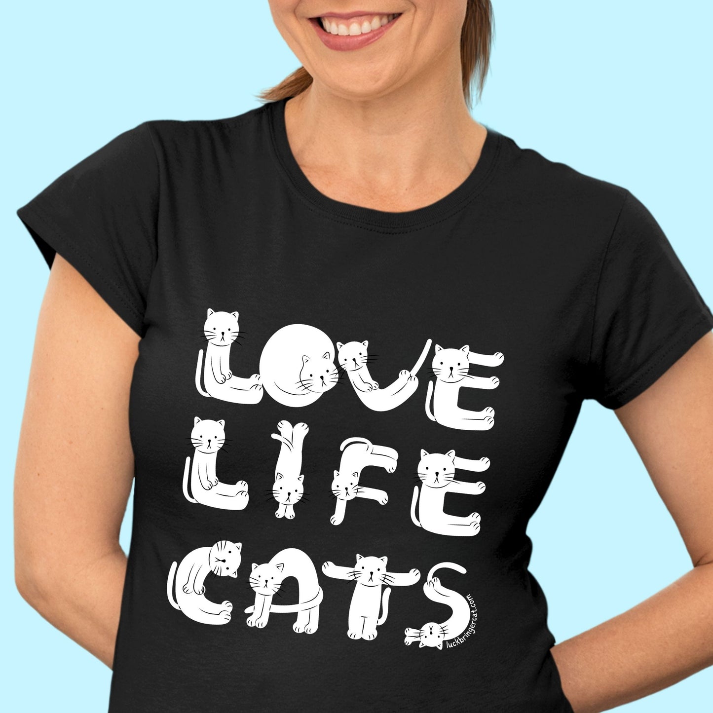 funny shirt for cat lovers with text love life cats in cartoon cat shape- perfect valentine gift for cat lovers, cat moms and cat dads