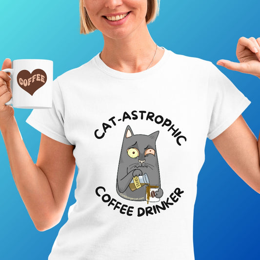 funny shirt for cat and coffee lovers- great gift for coffee addicts cat moms cat dads cat owners vets - catastrophic coffee drinker tee