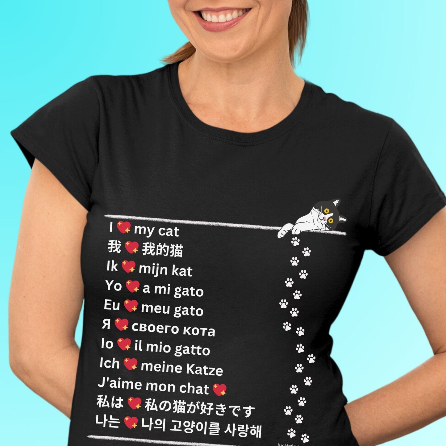 Cat Lovers Valentine shirt-I Love My Cat Tshir-funny valentine's gift for cat moms cat dads cat owners cat parents-black tee-multi language 