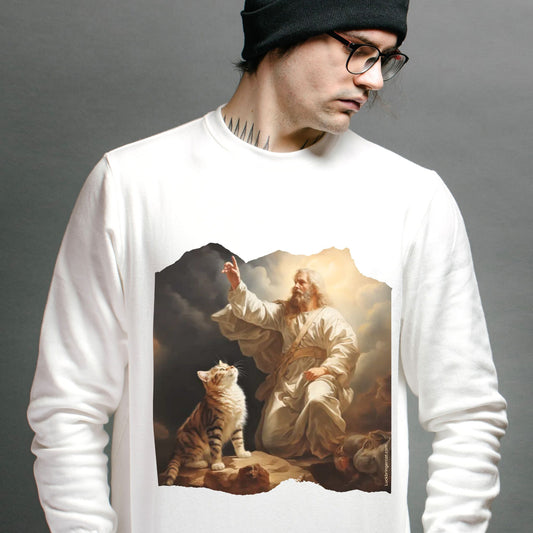 Inspired by Michelangelo's iconic masterpiece, 'The Creation of Adam', this unisex graphic sweater, 'The creation of Cat', is a must-have for art lover cat moms, cat dads and cat lovers! 🎨🐱🐈✨ Your thoughtful gift awaits, order now! 🎁