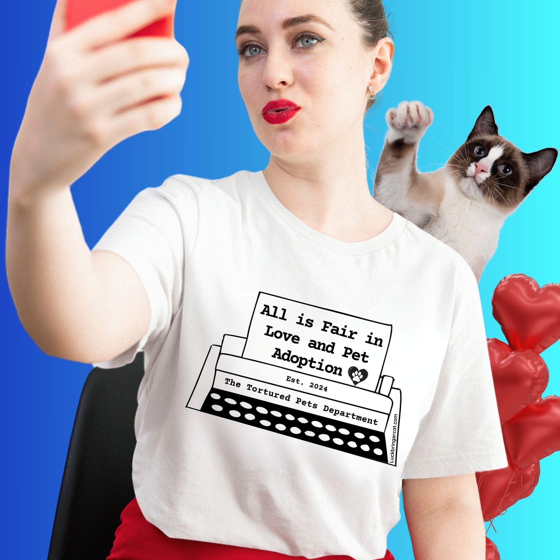 Tshirt-All is Fair in Love and Pet Adoption-The Tortured Pets Department-This premium quality unisex shirt is the perfect gift for Swifties who also adore pets, whether they love cats, dogs, birds, or more! Great gift for Taylor Swift Fans. #taylorfans #TSfans