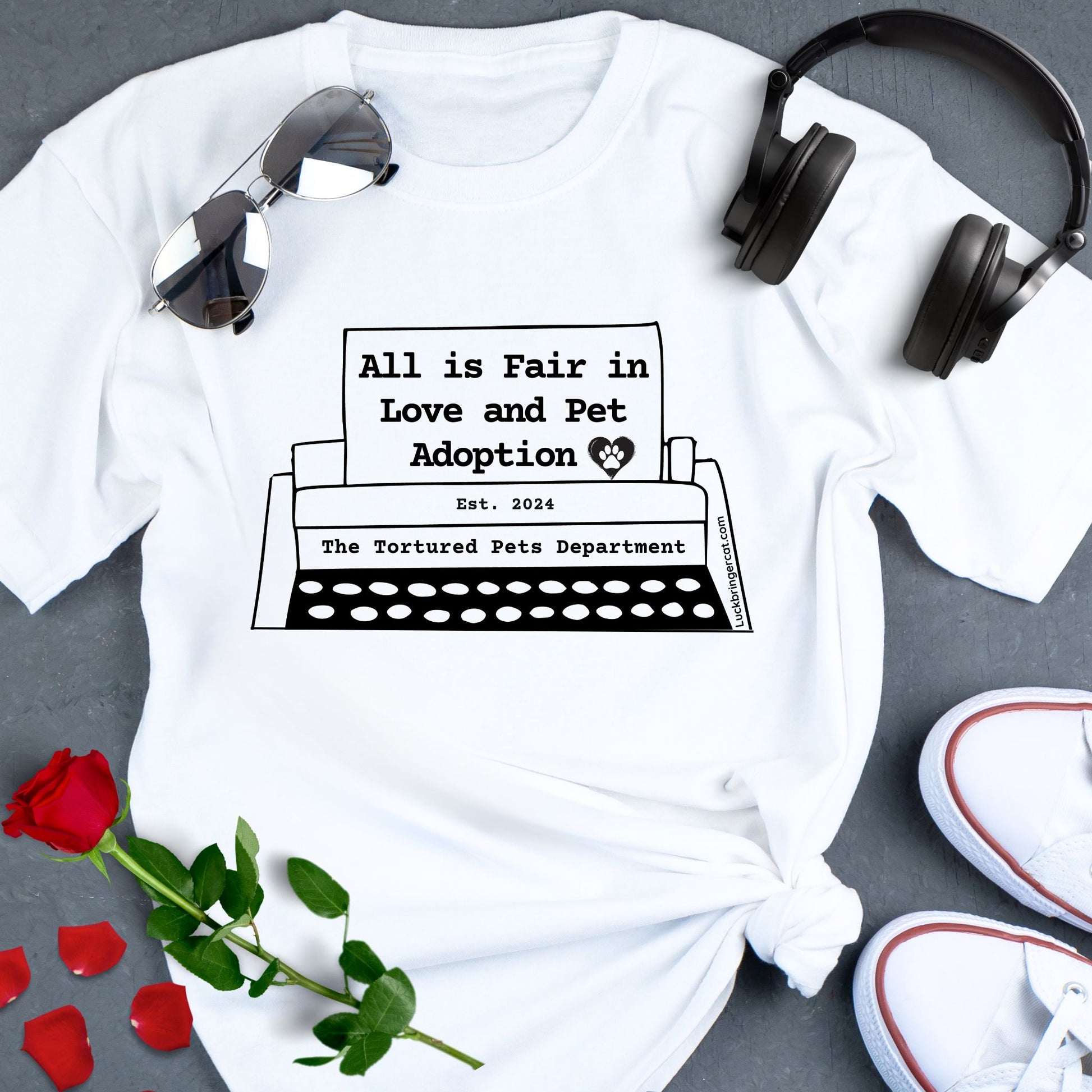 Tshirt-All is Fair in Love and Pet Adoption-The Tortured Pets Department-This premium quality unisex shirt is the perfect gift for Swifties who also adore pets, whether they love cats, dogs, birds, or more! Great gift for Taylor Swift Fans #taylorfans #TSfans