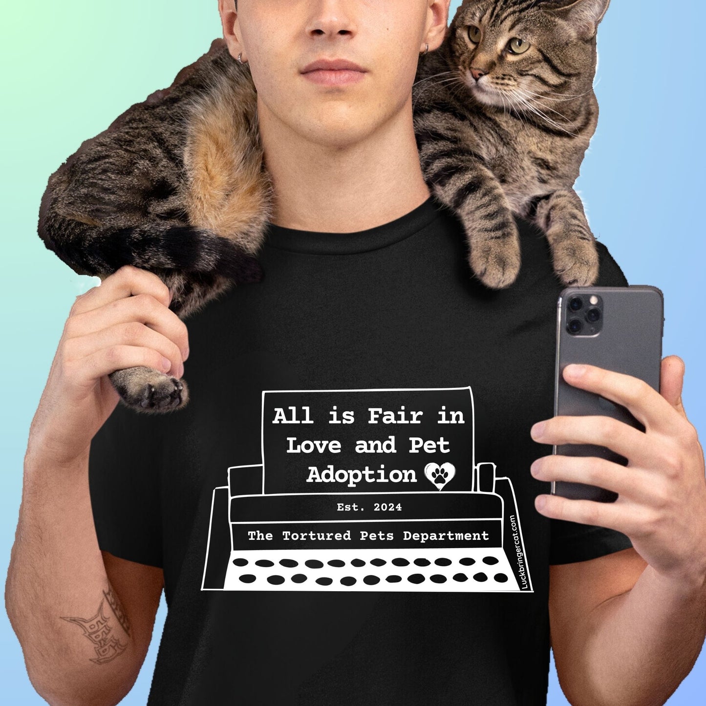 Tshirt-All is Fair in Love and Pet Adoption-The Tortured Pets Department-This premium quality unisex shirt is the perfect gift for Swifties who also adore pets, whether they love cats, dogs, birds, or more! Great gift for Taylor Swift Fans.#taylorfans #TSfans