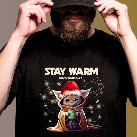 Graphic Christmas T-shirt for Cat Lovers - Stay Warm and Christmassy Shirt