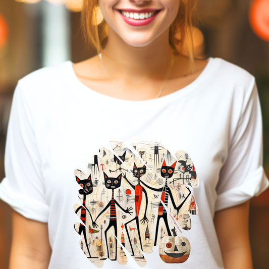 Halloween-T-Shirt mit moderner Kunstgrafik, tanzenden schwarzen Katzen und Kürbis