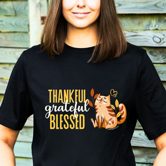 Thanksgiving-T-Shirt für Katzenliebhaber – Dankbar, dankbar, gesegnet