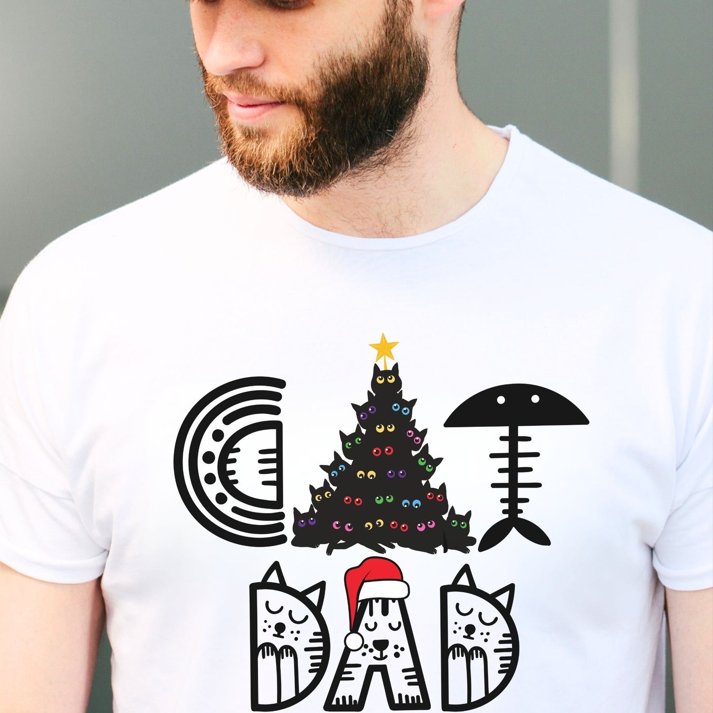 Cat Dad Christmas T-shirt With Black Cats Christmas Tree