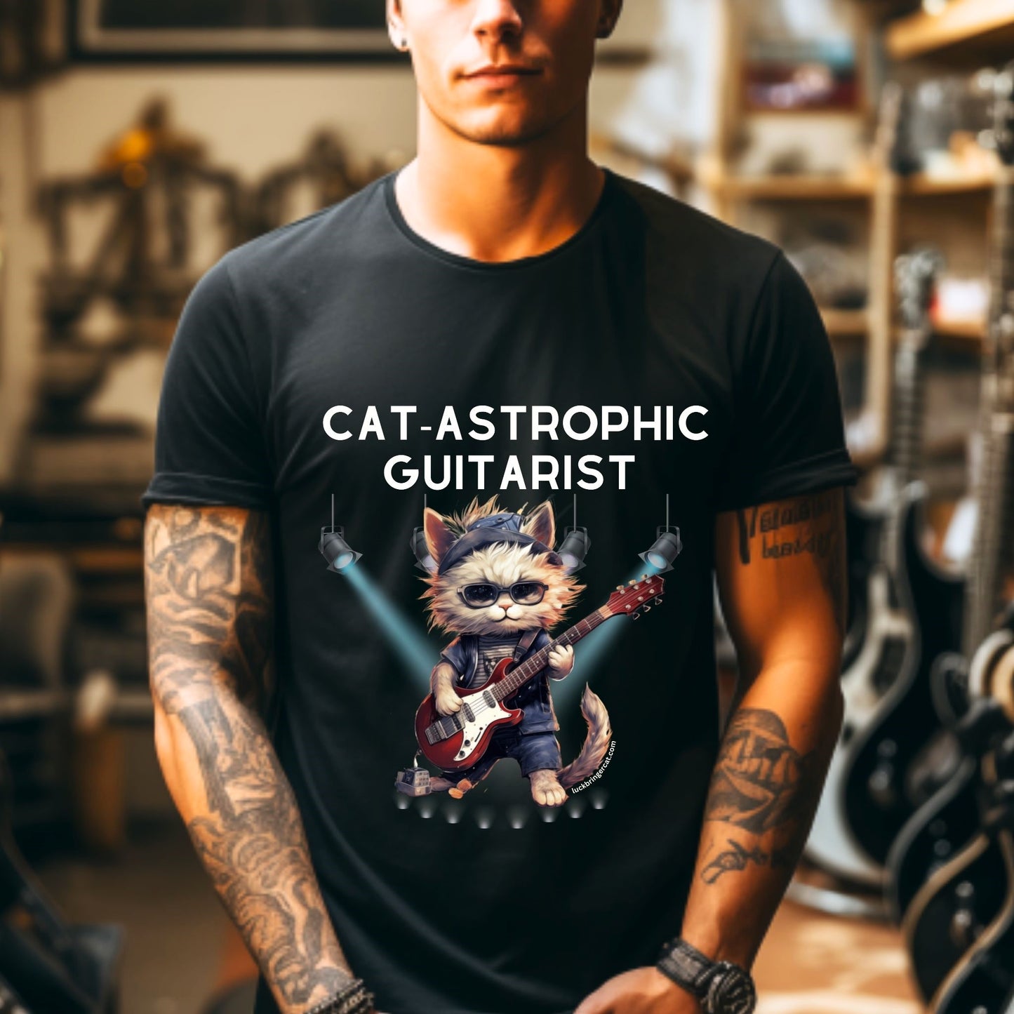 Unisex Cotton T-shirt - Catastrophic Guitarist Shirt for Cat Lovers