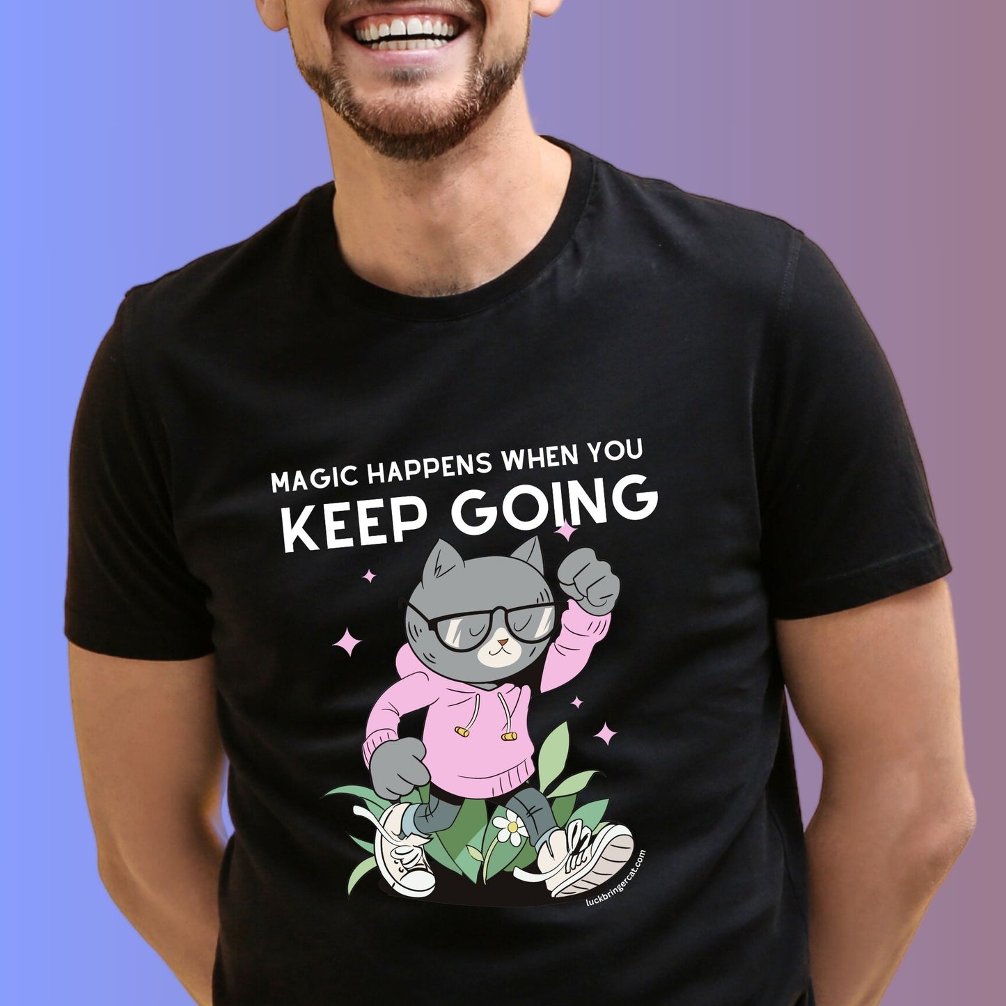 Inspirational Motivational Cat Lovers T-Shirt- Magic Happens When you Keep Going- unisex tee- for men and women