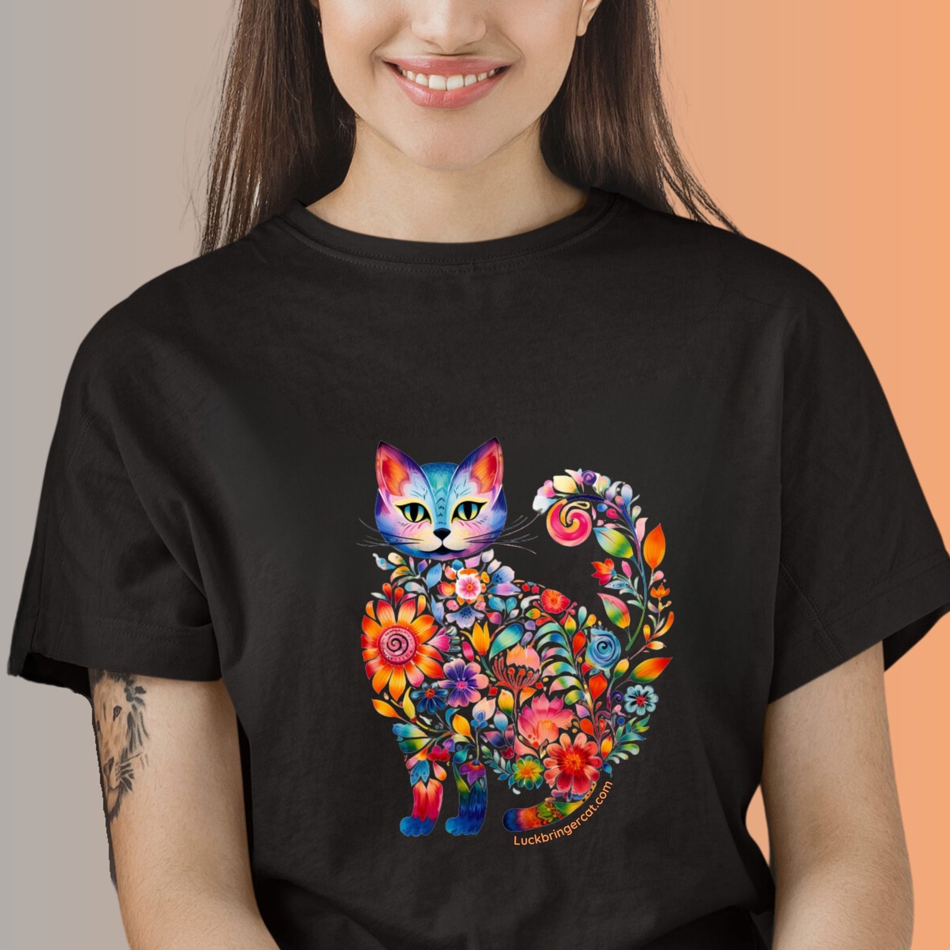 Cat Mom Shirt with colorful Floral Cat - Unique Gift for Cats and Kitten lovers - Black Tee