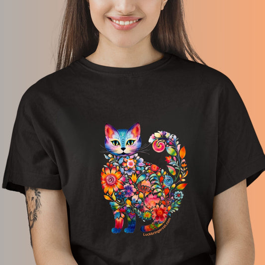 Cat Mom Shirt with colorful Floral Cat - Unique Gift for Cats and Kitten lovers - Black Tee