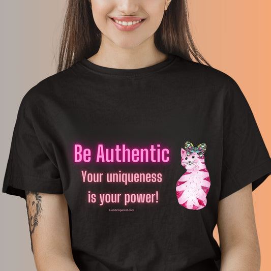 Empowering shirt for girls with message be authentic your uniqueness is your power with a cute cat 