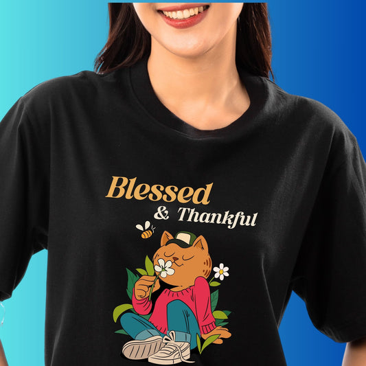 Graphic Thankfulness T-shirt - Blessed and Thankful Cat